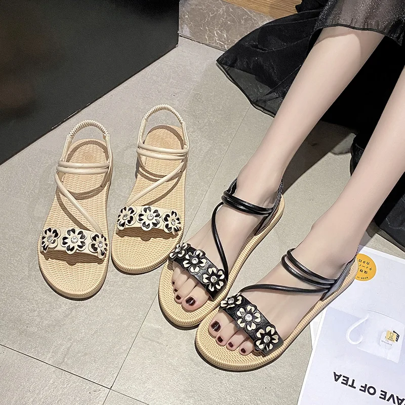 

Female Sandal 2021 Women's Strappy Heels Beach Shoes All-Match Girls New Gladiator Elastic Band Bohemian Comfort Clear Summer B