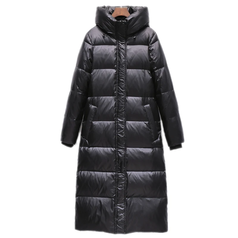 Warm Down Jacket Women's Over-the-knee Black Disposable Bright Face Slimming Winter Women's Clothing 90% White Duck Down