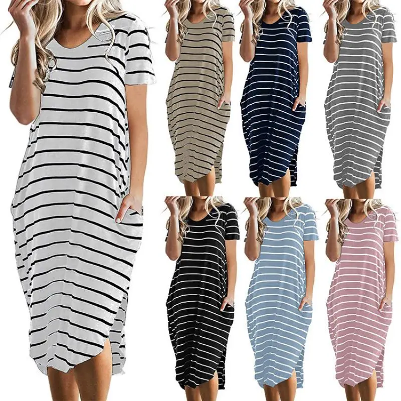 

Fashion Casual Plus Size Stripe Print Basic O-Neck Short-Sleeved Dress