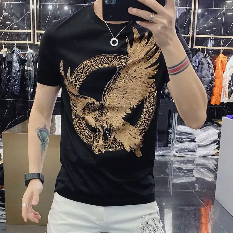 

Men's 2021 new summer trend slim handsome youth hot drill ice silk cotton short sleeve t-shirt