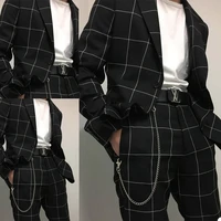 black white check mens wedding tuxedos two button groom wear formal dinner prom party blazer suitsjacketpants