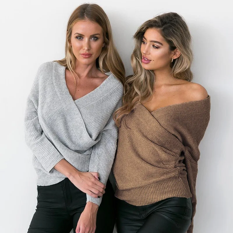 

2020 Autumn and Winter Pullover Sweater Women's Sweater Jacket Chest Cross V-neck Strapless Bottoming Knitted Sweater Women WM12