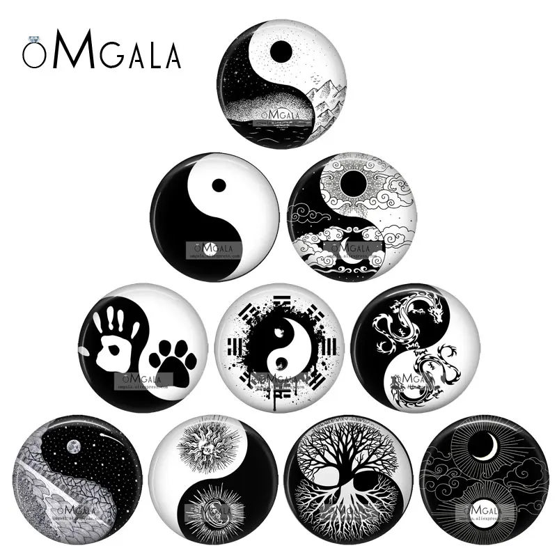 Модные китайские художественные узоры YinYang TaiChi 12 мм/16 мм/18 мм/20 мм/25 мм, Круглые Стеклянные Кабошоны, демонстрация плоской задней части, фурнитура для изготовления