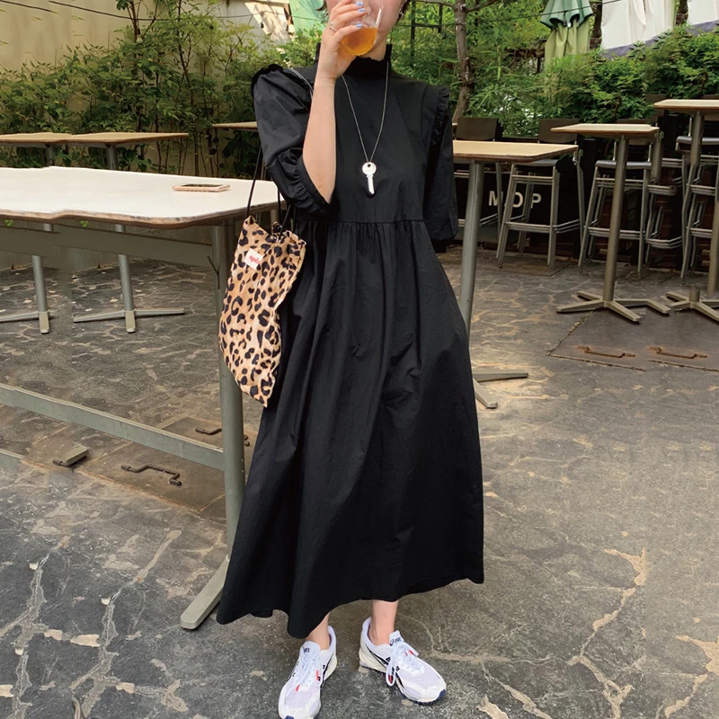 SHENGPALAE 2021 Новое летнее женское винтажное свободное платье с высокой талией тонкое