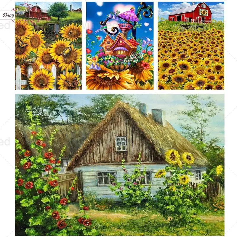 

5D DIY Diamond Mosaic Sunflower House Diamond Painting Landscape Full Drill Diamond Embroidery Cross Stitch Kit Home Decor Gift