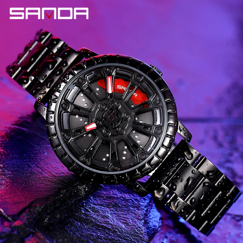

SANDA Men Fashion Hot Sell Car Rim Wristwatch 360 Degree Rotating Wheel Rim Dial Watches Stainless Waterproof Sport Quartz Clock