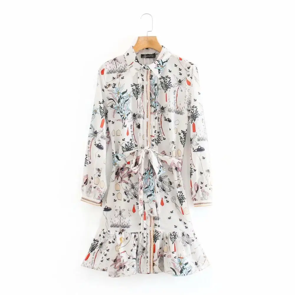 

2020 women fashion flower print bow sashes shirt dress chic female long sleeve hem ruffles vestidos casual button dresses DS3823