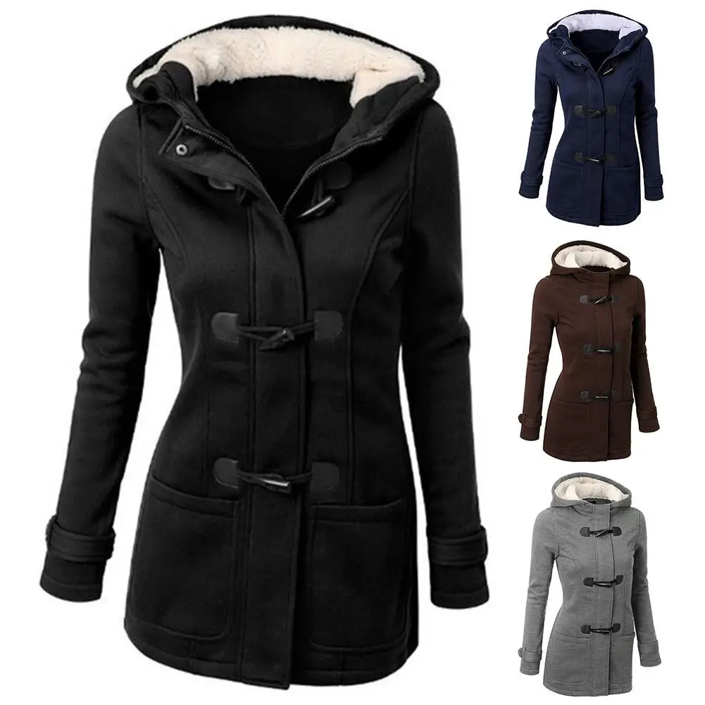 

VOLALO 2023 Winter Fashion Women Solid Color Horn Buckle Hooded Long Sleeve Coat Autumn And Winter Coat Woman Overcoat