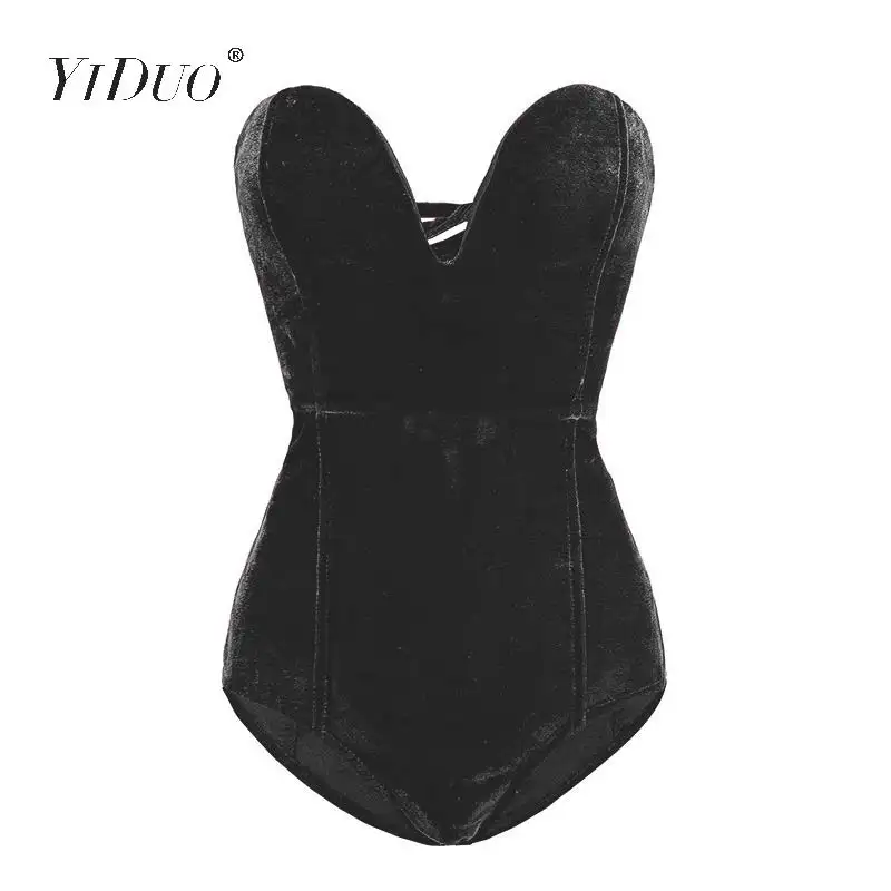 

YiDuo V Neck Strapless Sexy Womens Bodysuit Velvet Backless Hollow Out Bandage Body Jumpsuit Rompers Night Club Party Bodysuits