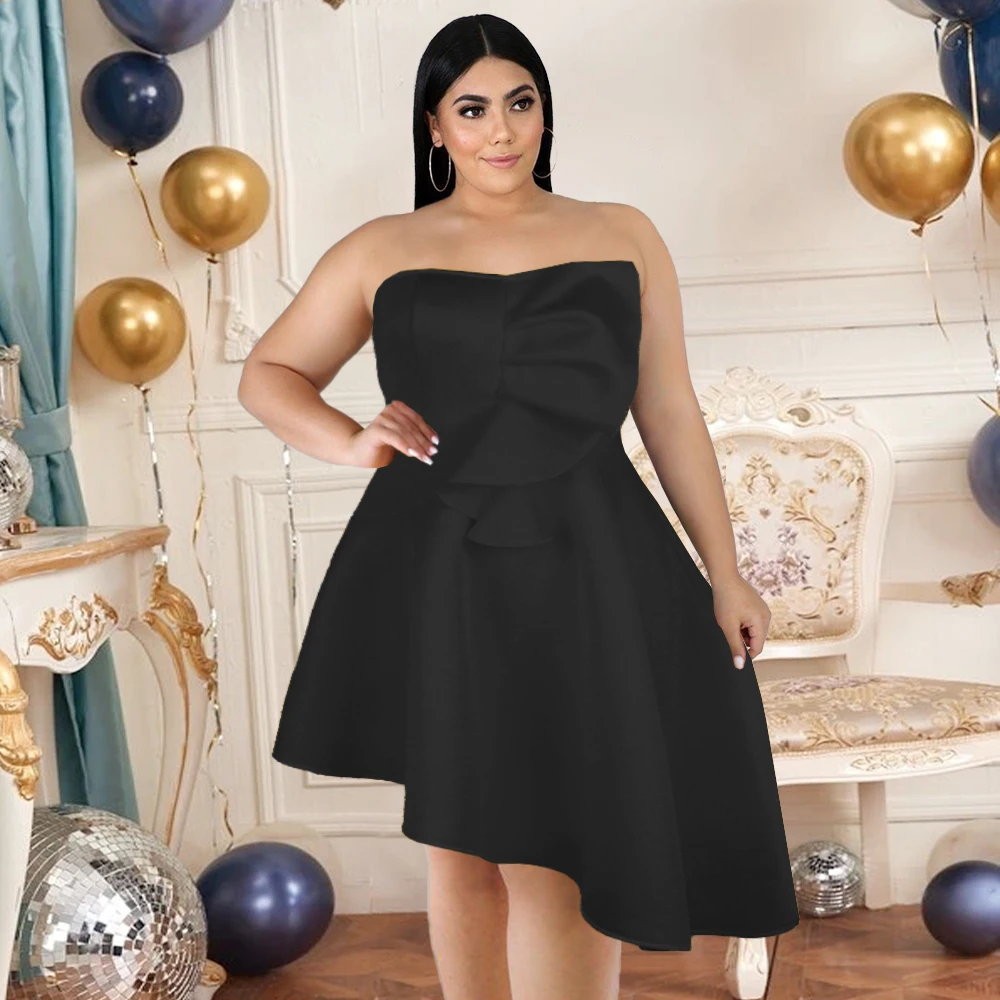 

Plus Size Party Dresses Black Irregular Ruffle Off Shoulder Mini Ball Gown Tunics Elegant Woman Birthday Event Dinner Dress