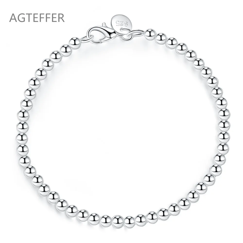 

AGTEFFER 925 Sterling Silver 4mm Smooth Bead Chain Bracelet For Women Wedding Engagement Party Fashion Jewelry Gifts