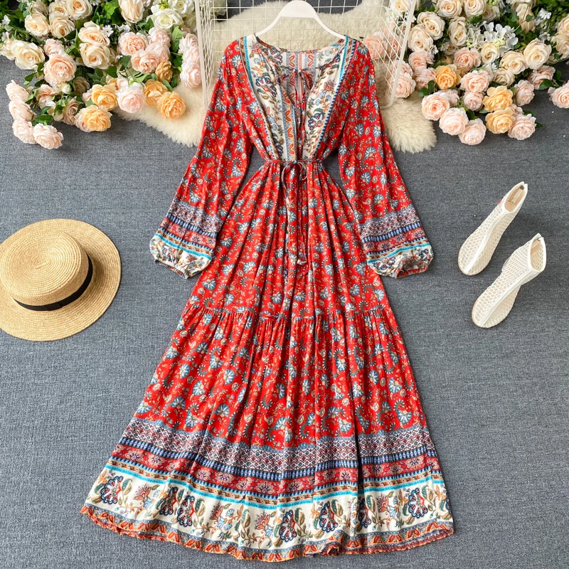 Ретро этнический стиль платье для путешествий и отпуска 2020 Новинка длинная юбка