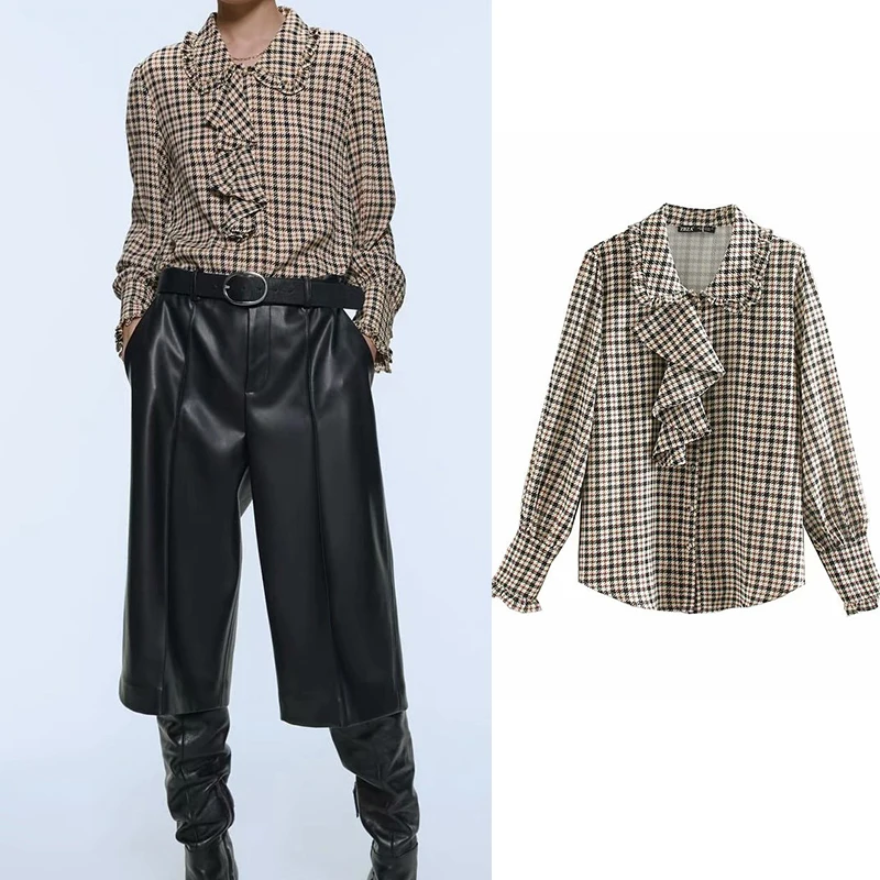 Za 2019 каскадные оборки отложной воротник рубашка для женщин Хаундстут осень