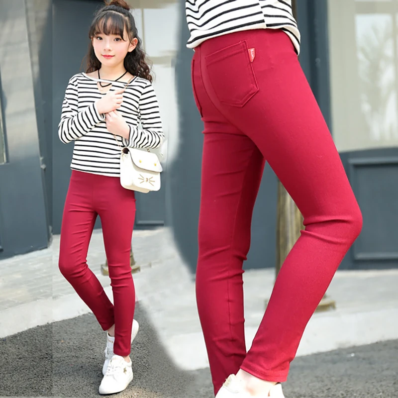 New Girls' Pencil Pants Spring And Autumn Kids Casual Solid Color Pocket Outer Wear Stretch Trousers WTP13