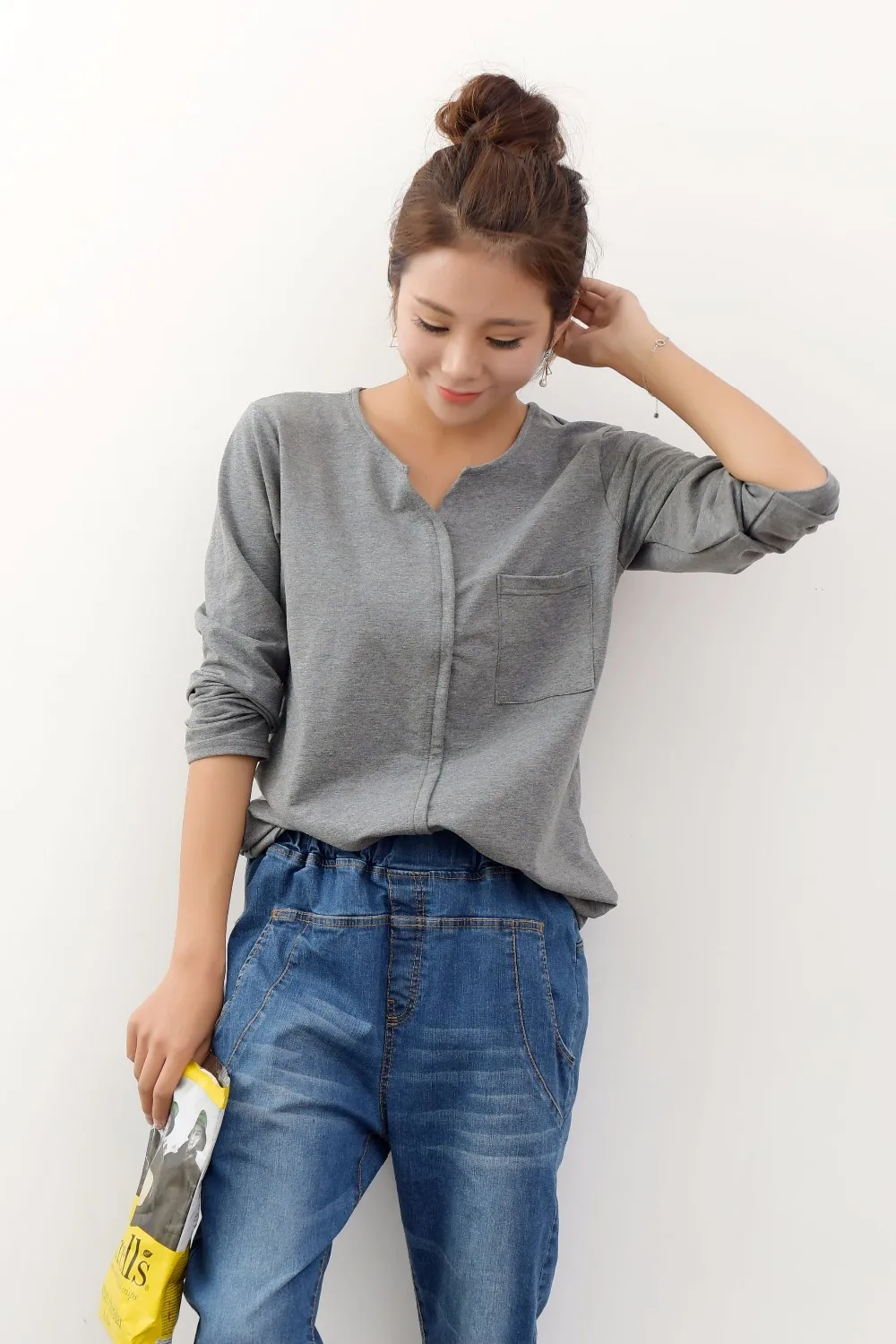 Сезон весна осень Женские все матч свободные пуловеры с длинными рукавами