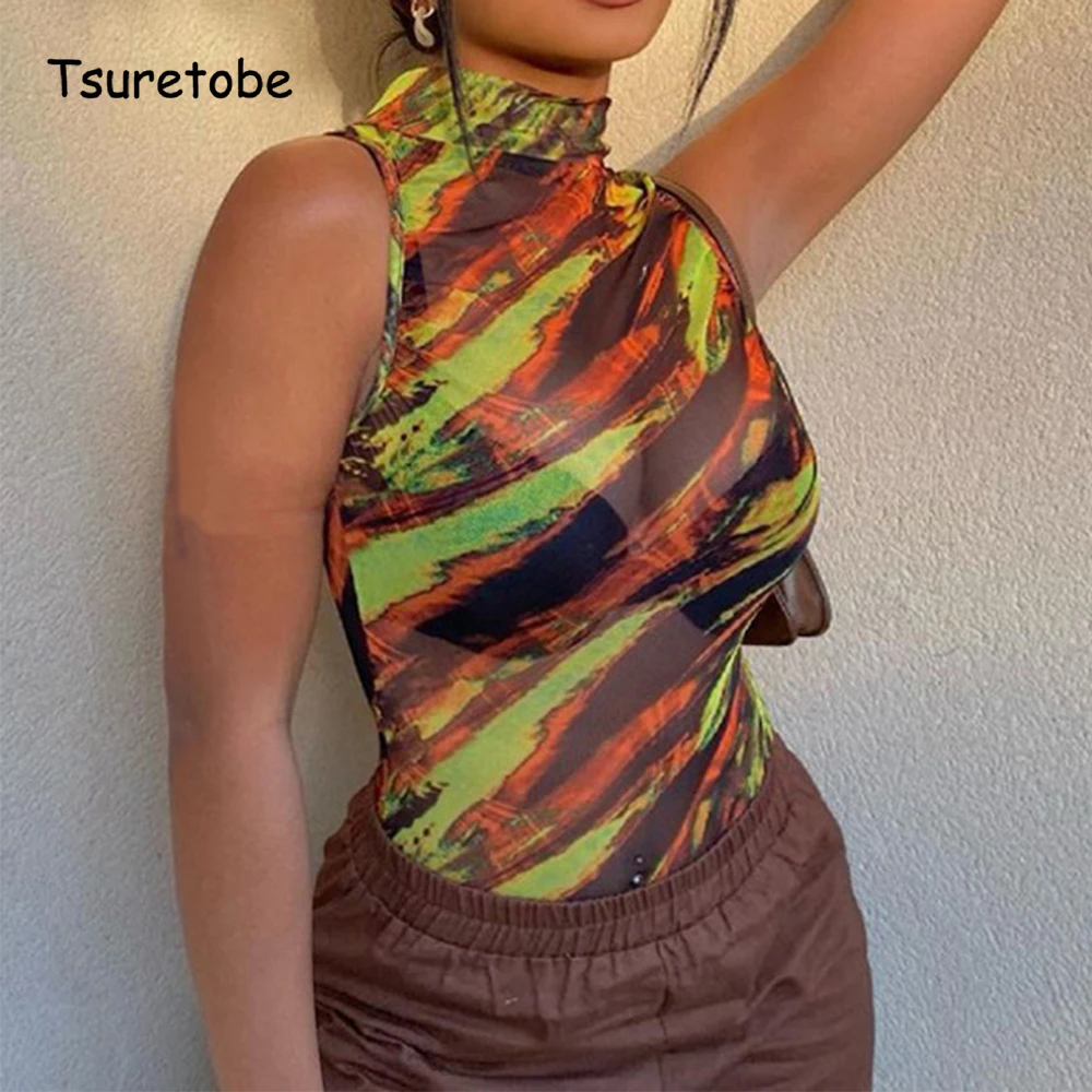 

Сексуальное Сетчатое прозрачное боди Tsuretobe, Женская облегающая уличная одежда без рукавов, летняя одежда для вечеринки, обтягивающий Повсе...