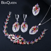 beaqueen luxury sterling silver 925 cubic zirconia crystal ring earrings bracelet necklace multicolored 4 pcs jewelry sets js143