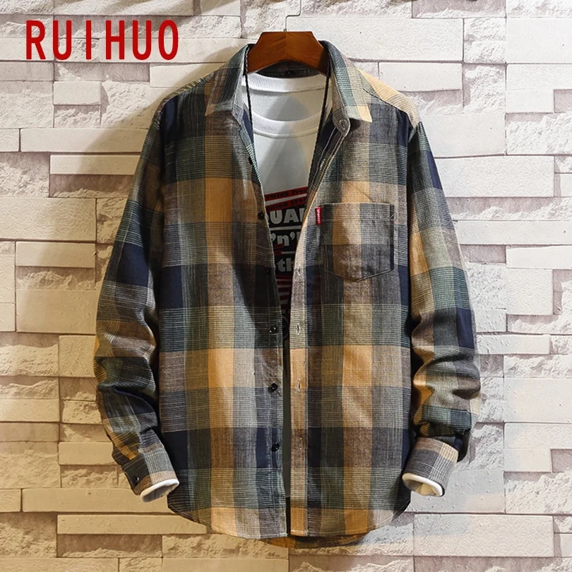 RUIHUO 2021 Новинка весны Повседневная клетчатая рубашка для мужчин Slim Fit Хлопок