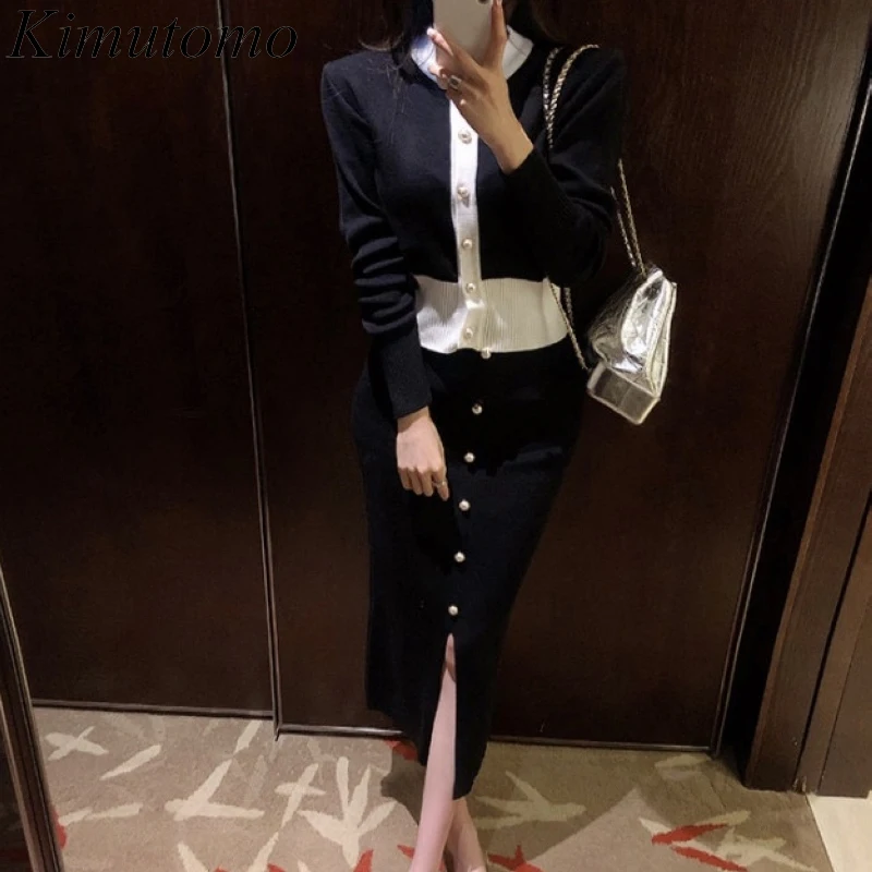 

Женские комплекты Kimutomo, осень 2021, корейский элегантный темпераментный женский ретро свитер на пуговицах с жемчугом, юбка средней длины на б...