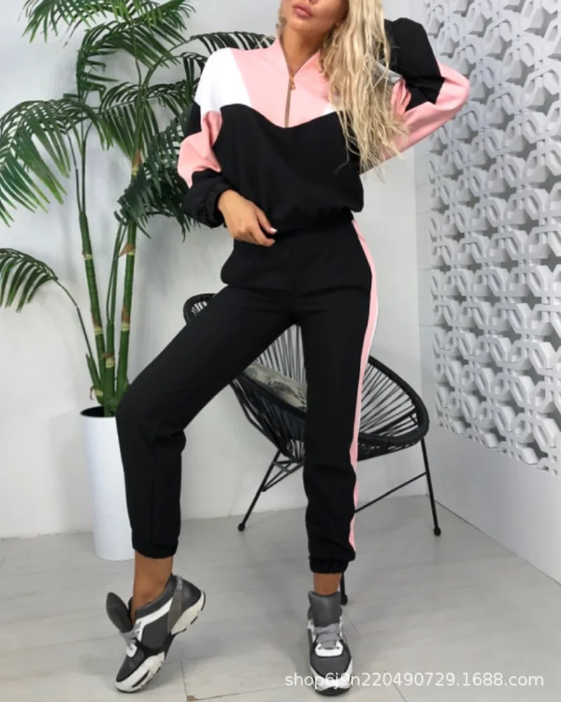 

Sportswear Women's 2 Piece Pants Set 2021 Autumn New Fashion Long Sleeve Loose Contrast Stitching Casual Coat and Long Pants Set