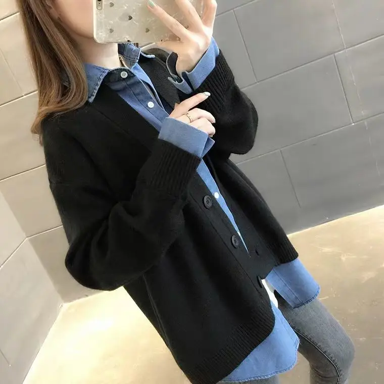 

2021 new spring denim stitching knitting fake two-piece cardigan women loose lazy wind solid color sweater coat