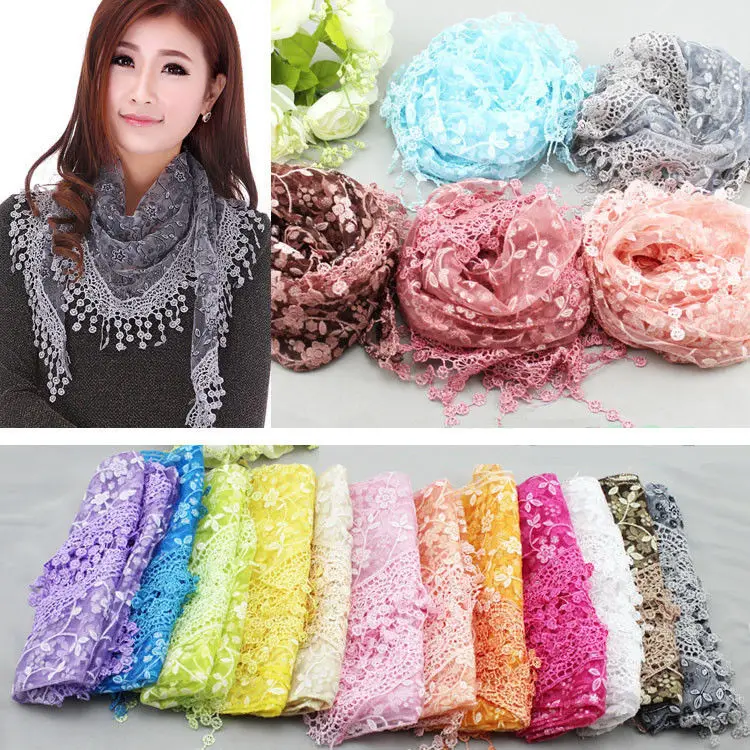 

Hot Sale Scarf 2019 Winter Warmer Female Women Tassel Lace Floral Knit Triangle Mantilla Scarf Shawl Wrap Scarves