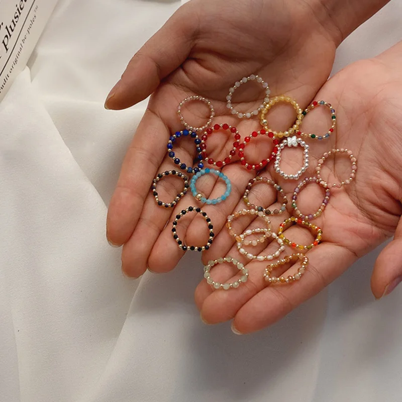 

2020 Fashion Crystal Beaded Rings Cute Minimalist Coloful Beads Geometric Stacked Fine Rings for Women Party Gift Jewelry