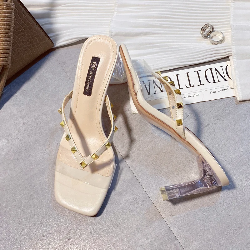 

Rivet High Heels Luxury Designer Women Shoes Ladies Pumps Sexy Spring Summer New Fashion Slippers Transparent Square Heel Shoes