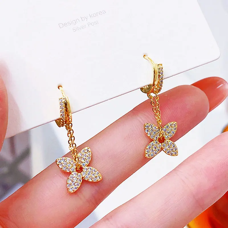 

YDL Korean Elegant Four Leaf Clover Earrings Micro Inlaid Zircon Fashion Trendy Luxury Stud for Women Wedding Romantic Jewelry