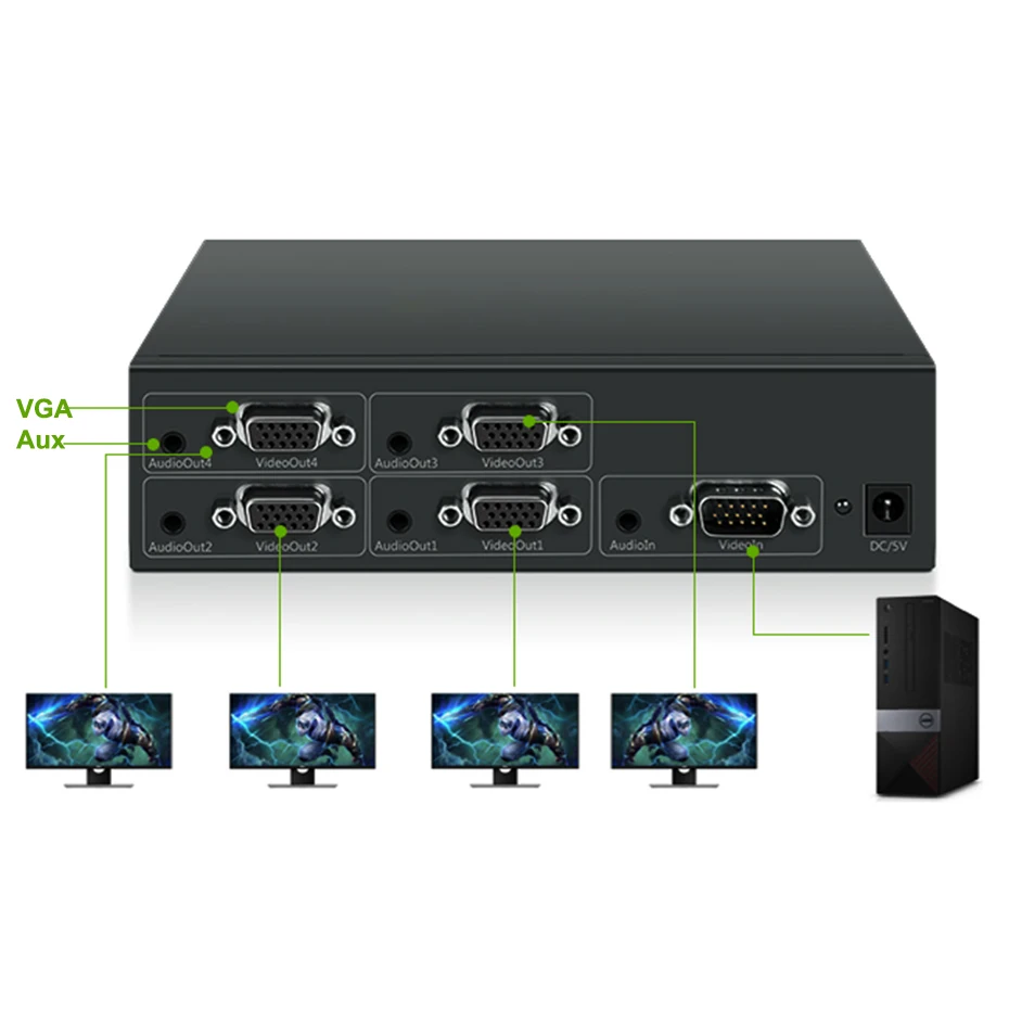 Разветвитель VGA 1080P Премиум 4-портовый разветвитель с аудио 1 в 4 выход для ПК