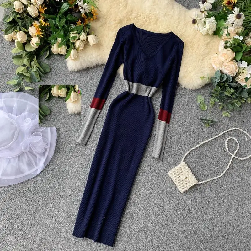 ALPHALMODA осеннее Новое винтажное вязаное платье женское цветное Элегантное зимнее платье с длинными рукавами вязаное платье-футляр