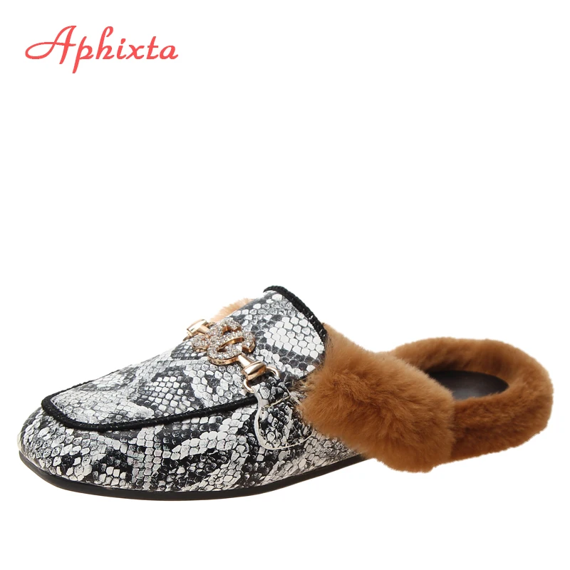 Aphixta/тапочки на Плоском Каблуке; женская обувь; Роскошные шлепанцы на меху со змеиным принтом и металлическими украшениями; женская теплая обувь; Mujer