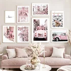 Розовый цветок Бегония Ретро автомобильный велосипед пейзаж скандинавские настенные художественные холст картины плакаты и принты картинки для декора гостиной