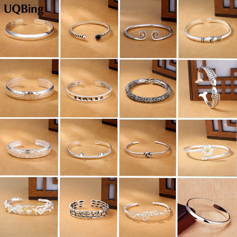 

Drop Shipping Vintage 925 Stamp Silver Color Fish/Bird/Flower/Cat/Hand Open Women Bracelets & Bangles Jewelry