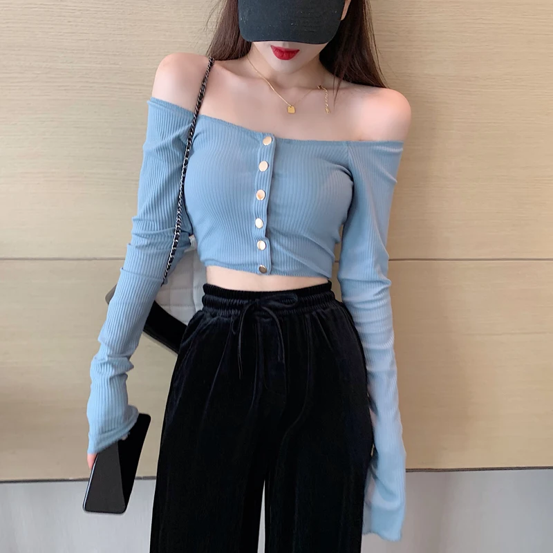 

Women Solid Slash Neck Crop Top Tee T shirt for girls Long Sleeve Sexy