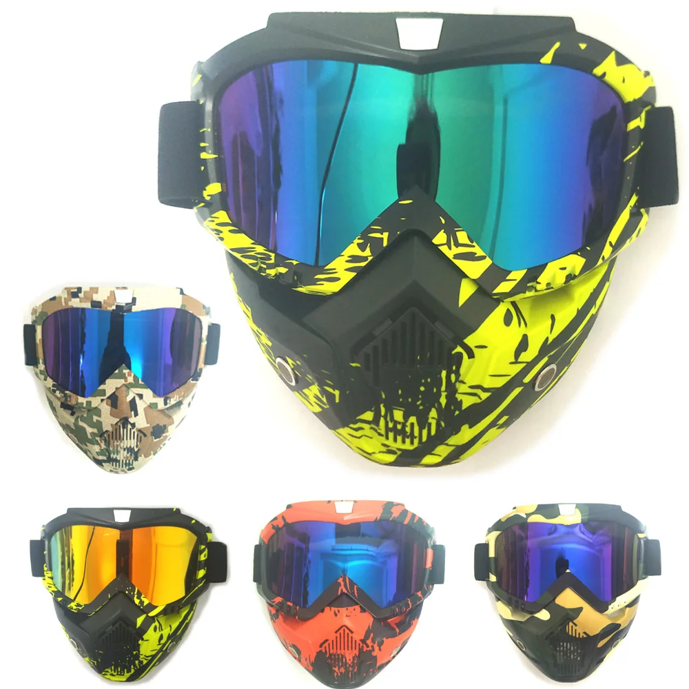 Мужские женские модульные маски для лыж и сноуборда Snowmobile Skiing Goggles Windproof Motocross Glasses Safety с фильтром для рта.