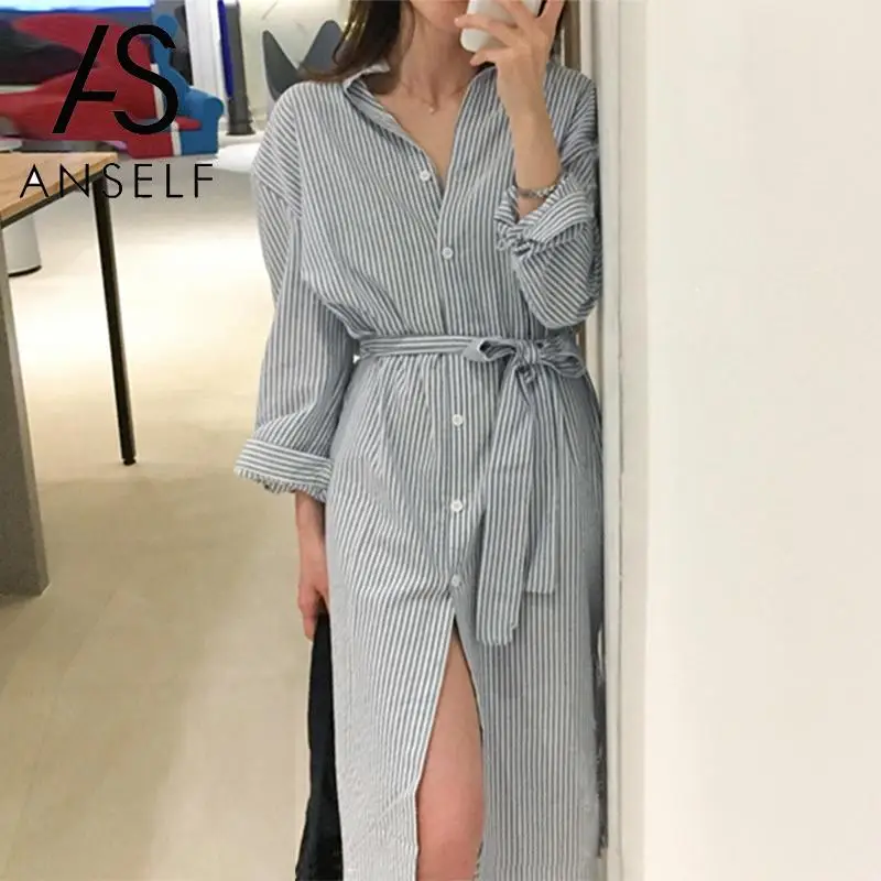 Женское платье рубашка в полоску свободное Элегантное повседневное синее миди с