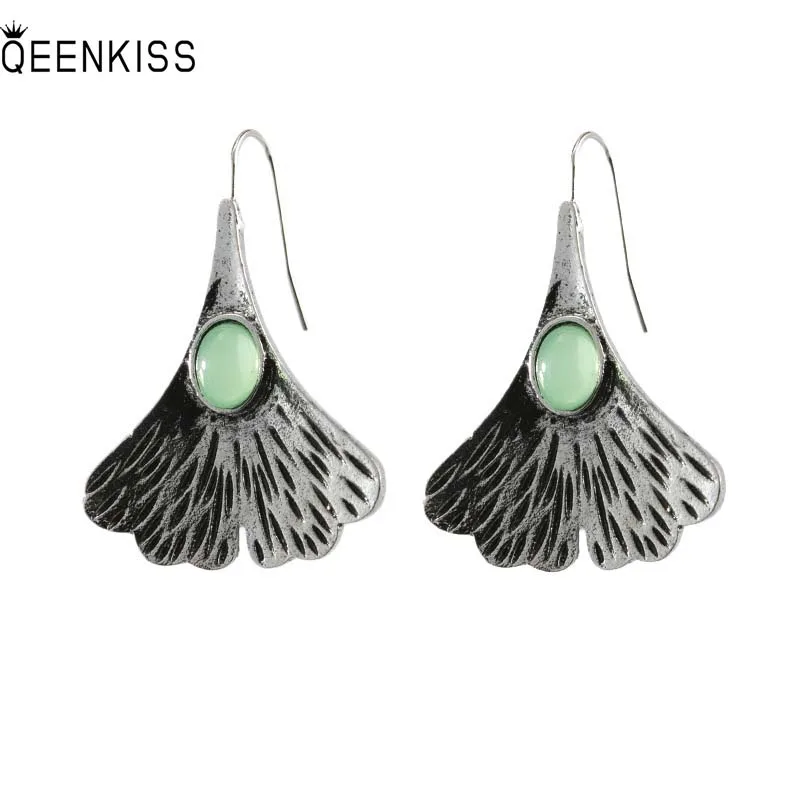 

QEENKISS EG6359 2022 Fine Jewelry Wholesale Fashion Woman Girl Birthday Wedding Retro Ginkgo Biloba Antique Silver Drop Earrings