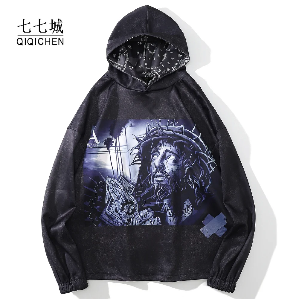 

Mens Hip Hop Hoodies Retro Spoof Religious Print Streetwear Sweatshirt Black Pullover Cotton Hooded Harajuku Casual Tops Unisex