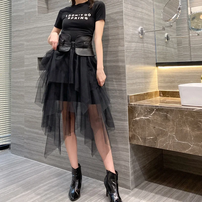 

SHZQ 2021 New Skirt Spring Genuine Leather Skirt Women Yarn Midi Long Wrap Skirt Ladies Elegant Mesh Elegant Natural Leather Wai