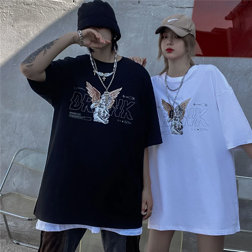 

LINDSEY SEADER Men's Hip Hop Oversize T-Shirt Kid Angle Print T Shirt Harajuku Cotton Casual Summer Short Sleeve Tshirt Black