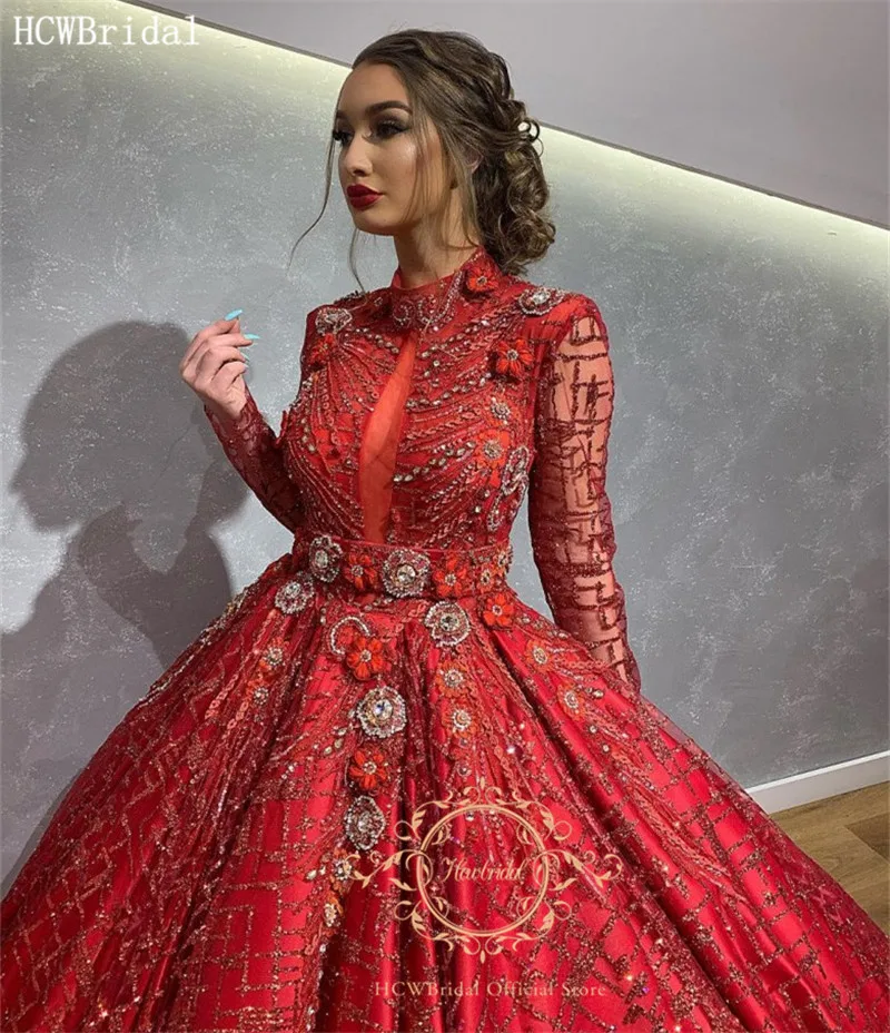 

Luxury Ball Gown Burgundy Arabic Evening Formal Dress Long Sleeves Beading Glitter Tulle Plus Size Girl Quinceanera Dresses Prom