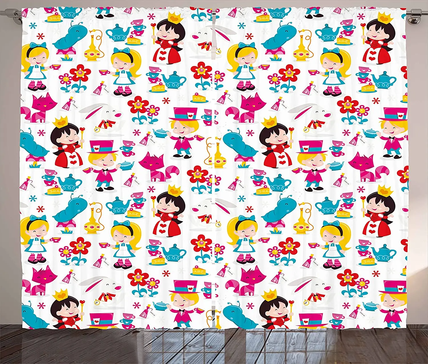 

Nursery Blackout Curtains Cute Cartoon Style Queen Rabbit Yellow Haired Girl Flowers Slug Tea Cups Stacked Window Curtain