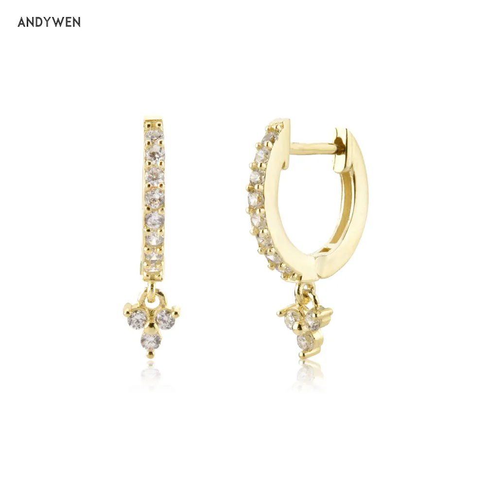 

ANDYWEN 925 Sterling Silver Gold Three Zircon Charm Drop Earring Loops Piercing Pendientes Clips Rock Punk Party Jewelry Gift