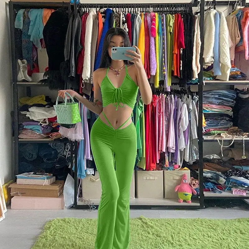 

2021 Streetwear Y2K Sexy Bandage Blue Co-ord Suits Fashion Drawstring Halter Top And Summer High Waist Flare Pants 2 Piece Set