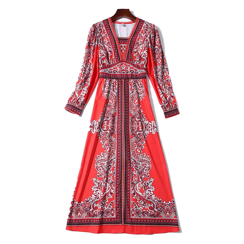 

2019 Summer Dresses Woman Party Night Beach Appliques Red Casual Full Print Loose Vintage Empire Asymmetrical Elegant Dresses