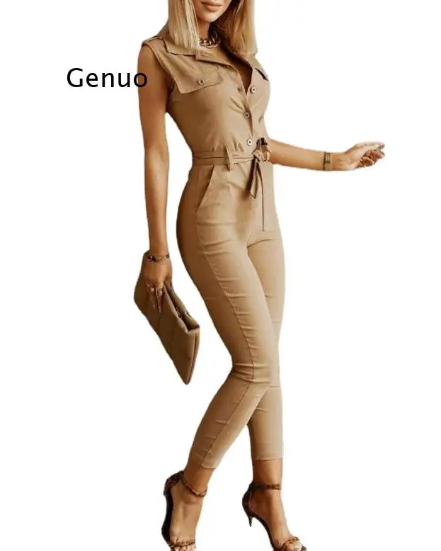 

Женский комбинезон с поясом на завязках, элегантный однотонный комбинезон без рукавов с карманами для офиса, Модный комбинезон на пуговицах, комбинезон с брюками-карго, костюм пляжного типа на лето
