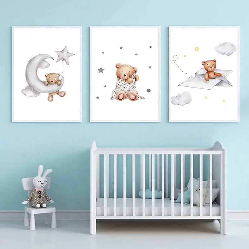 Прекрасный медвежонок играет на качелях Канвас Детский постер Милые детишки Животное Детская картинка на стене Искусство Печать Картина Декор для детской комнаты.