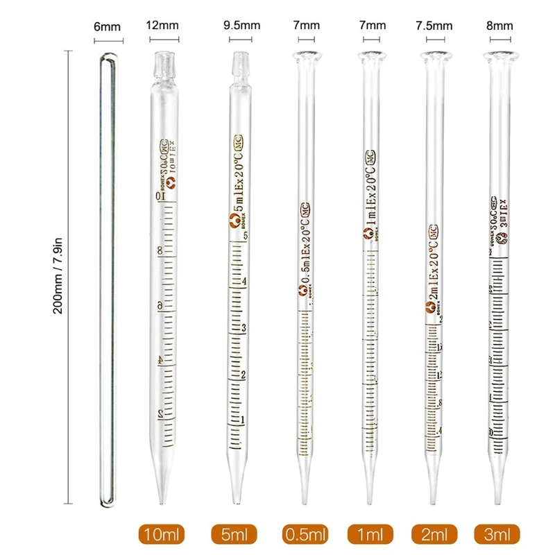 

Glass Graduated Dropper Pipette 0.5ml 1ml 2ml 3ml 5ml 10ml w/ Rubber Cleaning Brush Glass Stirring Rod for Pharmacy