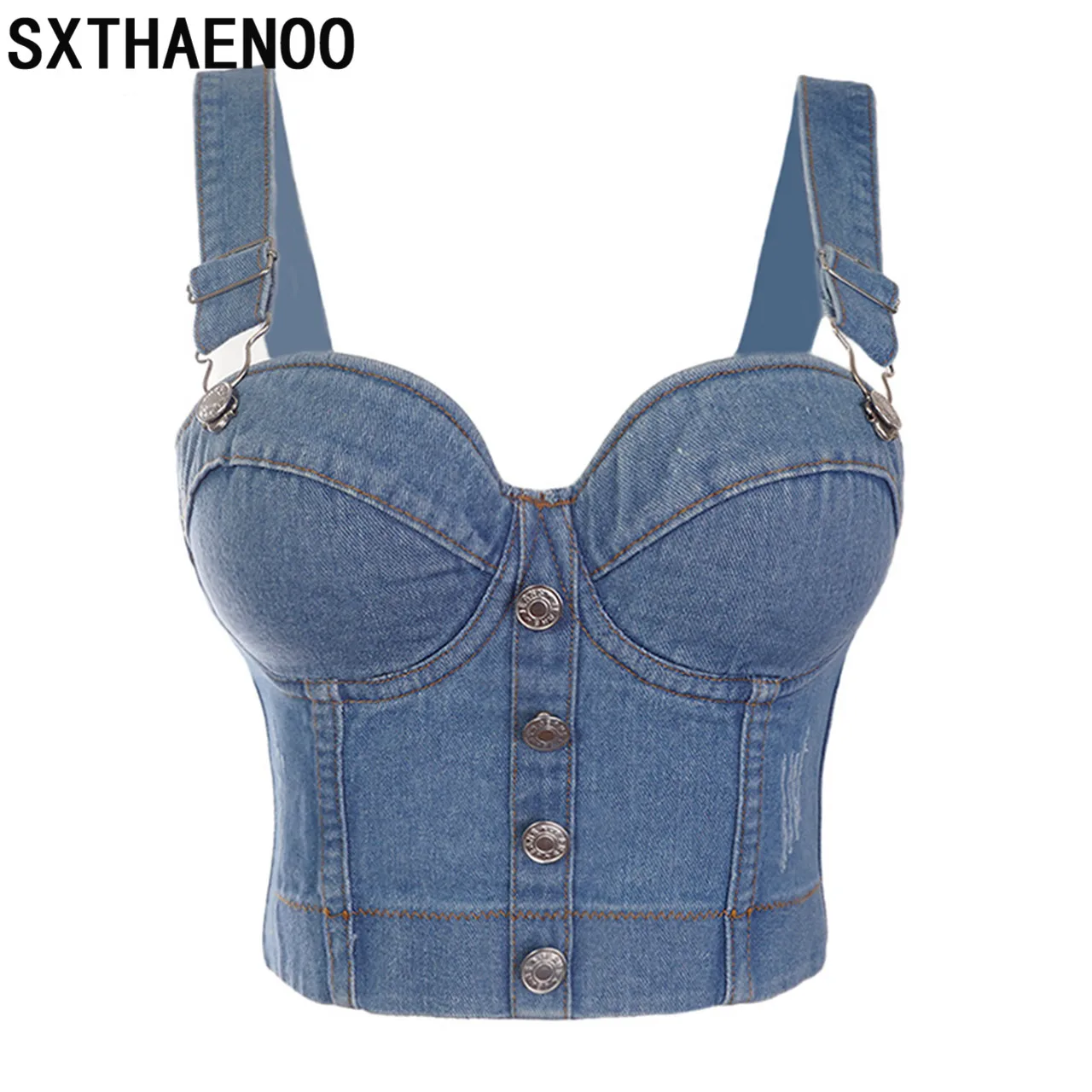 SXTHAENOO Fashion Sexy Denim Jeans Women's Button Bustier Bra Night Club Party Cropped Top Vest Plus Size